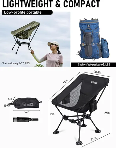 Vista 2 de WildCall Silla de camping plegable y ligera, silla de playa compacta con pies grandes que no se hunden