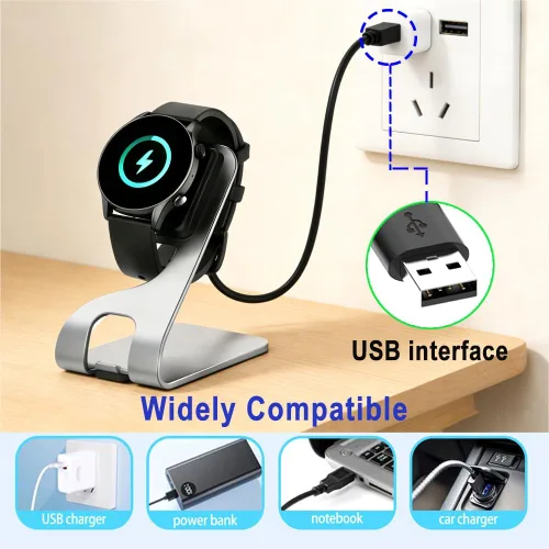 Vista 6 de Base de carga de cable USB para Amazfit GTR 3, GTS 3, GTS 4, GTR 4 plateado