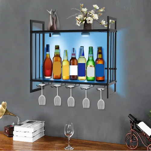 Vista 4 de Gdrasuya10 Estante de vino con luz LED montado en la pared, estante de exhibición de botellas de vino, estante colgante de almacenamiento de metal