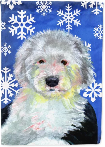 Vista 192 de Caroline's Treasures SC9374GF Bulldog English Snow flakes Holiday Garden Flag Buzón Bandera decorativa para patio exterior, patio, obras de arte