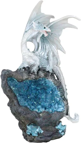 Vista 5 de Ebros Gift Fantasía blanca estalactita meteorito basilisco dragón encaramado en cuarzo montaña imitación geoda caverna roca figura con luz nocturna