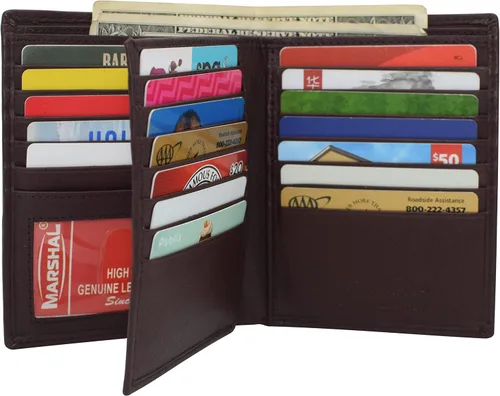 Vista 3 de Marshal Billetera de piel auténtica con bloqueo RFID para hombres ranuras para tarjetas, 2 compartimentos para billetes, ventanas de identificación