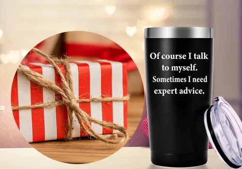 Vista 7 de AMZUShome Taza de viaje con texto en inglés "Of Course I Talk To Mysel". Regalos divertidos con mensajes. Regalos para mamá, papá, hermano, hermana
