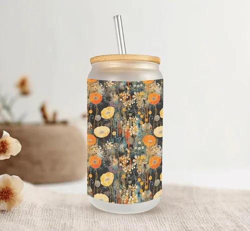 Vista 5 de Fall Nature Pattern Frosted Glass Can with Bamboo Lid & Straw 16 Oz Autumn Floral Glass Cup, Sublimated Gift Mugzan