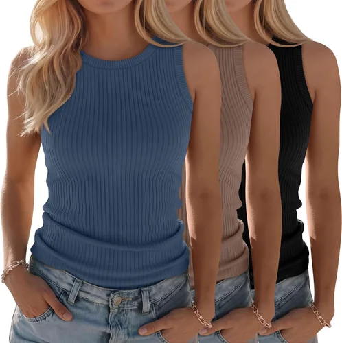 Vista 19 de Paquete de 3 camisetas sin mangas de algodón para mujer, de punto acanalado, casuales, básicas, de cuello redondo, ajustadas, de verano, con espalda