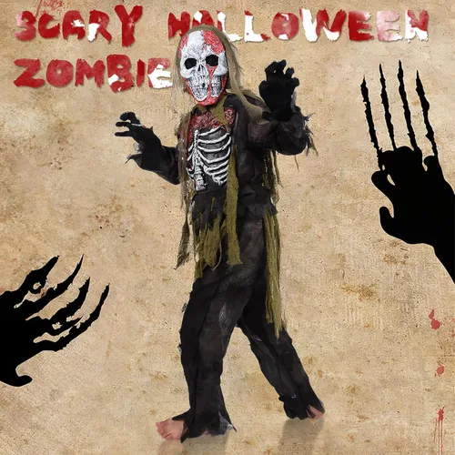 Vista 4 de Disfraz de zombi para niños, disfraz de zombi de esqueleto de Halloween para niños, disfraz de zombi muerto vivo con juguetes de motosierra