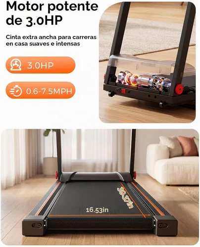Vista 7 de Caminadora inclinada del 5%, cinta de correr plegable de capacidad de 300 libras para el hogar, almohadilla para caminar con barra de manija 2-Negro