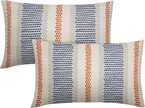 Vista 70 de Juego de 2 fundas de almohada negras y azules con rayas de puntos grises, decorativas para exteriores, estilo boho rústico, para sofá, cama, cojín