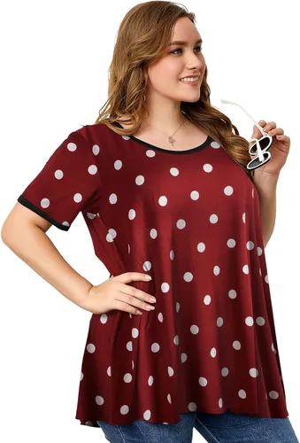 Vista 2 de OVERWORETY Túnicas de manga corta de talla grande para mujer, holgadas, casuales, con vuelo