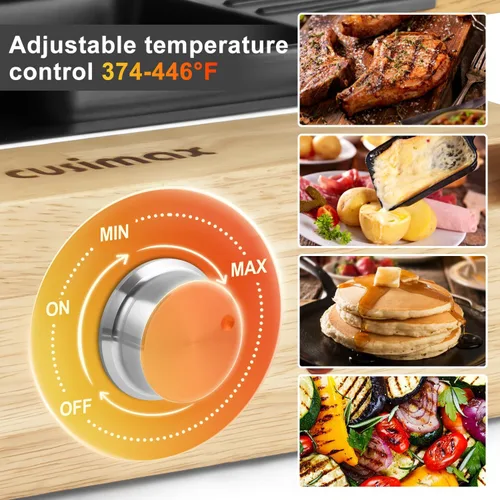 Vista 5 de CUSIMAX - Parrilla de mesa de raclette para interiores, parrilla eléctrica de 1500 W con placa antiadherente reversible 2 en 1/base de madera
