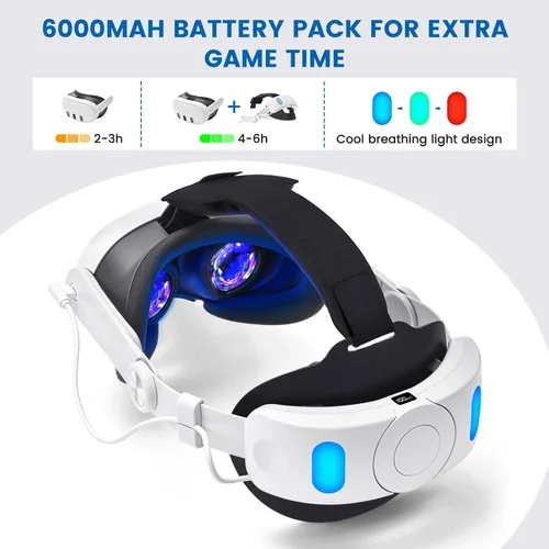 Vista 2 de Lampelc Head Strap Accessories for OculusMeta Quest 3, 6000mah Battery Pack Elite Strap with LED Display, RGB Lights, Headset Strap Replacement for