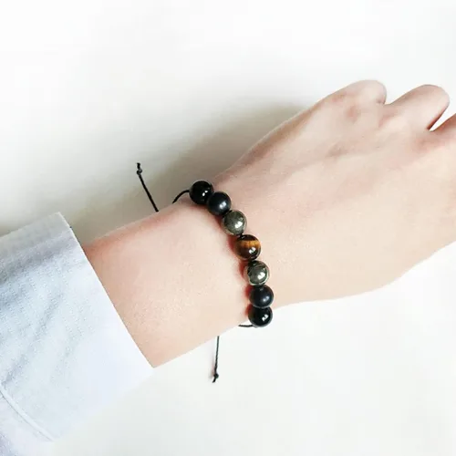 Vista 2 de LFaize Shungita, ojo de tigre, turmalina negra, pirita, chakras inferiores, pulsera de cuerda, Cristal, chungita, ojo de tigre, turmalina negra