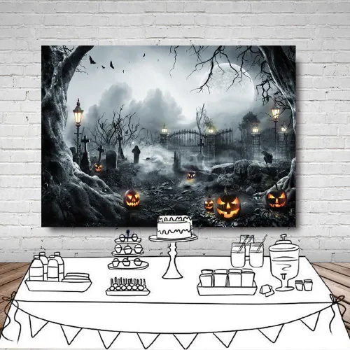 Vista 4 de LYWYGG Fondo de Halloween para fotografía, fondo nocturno de terror, telón de fondo de luna de calabaza aterradora para fiestas, suministros