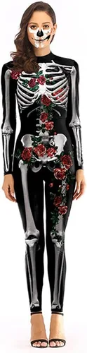 Vista 32 de Sister Amy Disfraz de esqueleto de calavera para mujer de Halloween, traje ajustado de una pieza J-colorido esqueleto
