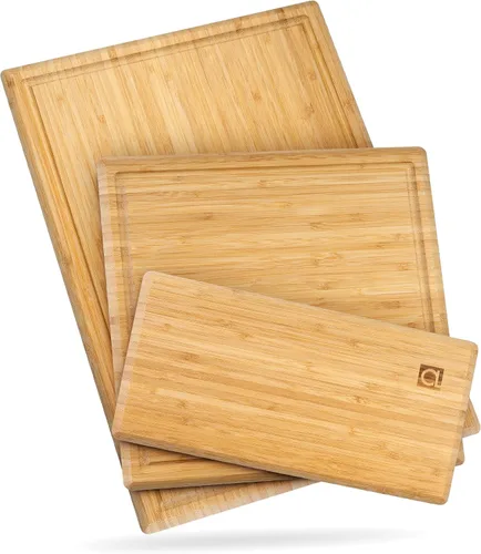 Vista 8 de Chorus Juego de tablas de cortar de bambú con ranura para jugo (juego de 3), tabla de cortar de madera orgánica de lujo para cocina, tabla de cortar
