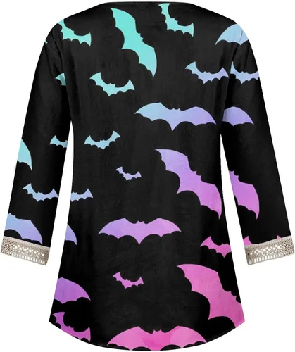 Vista 4 de Women's Tops 34 Sleeve Loose Fit 2023 Fashion Pumpkin Print Lace Blouse Casual Festival V Neck Sweatshirt Shirt