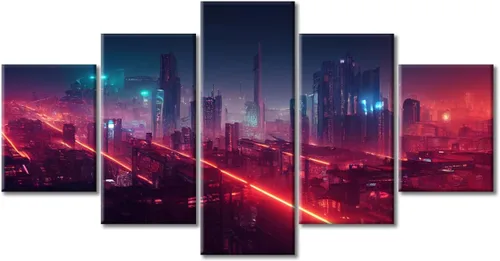 Vista 242 de Cuadros de 5 paneles de Cyberpunk City, arte de pared, representación de vallas publicitarias, edificios modernos en la capital con obras de arte