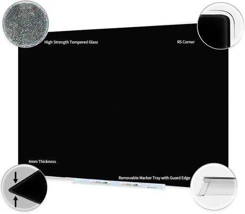 Vista 3 de Pizarra blanca magnética de vidrio negro, pizarra de borrado en seco de vidrio negro de 4 x 3 pies, pizarra blanca de vidrio templado sin marco
