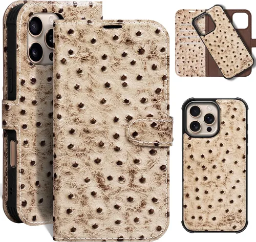 Vista 39 de Funda de cuero compatible con iPhone 16 Pro Max Cartera 6.9", cuero genuino 2 en 1, magnética, desmontable, a prueba de golpes, funda tipo folio