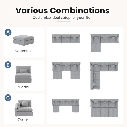 Vista 6 de Sofá seccional modular extragrande, fundas de cojín de sofá en forma de L de 154 pulgadas, fundas de sofá seccional de lino extraprofundas y Gris