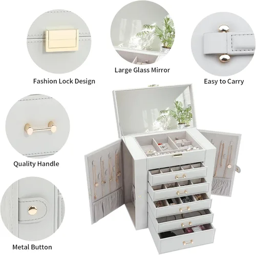 Vista 4 de V-LAFUYLIFE Joyero grande, organizador de joyas con 5 cajones, cajas de joyería de 6 niveles, organizador de joyas con espejo, cajas de joyería