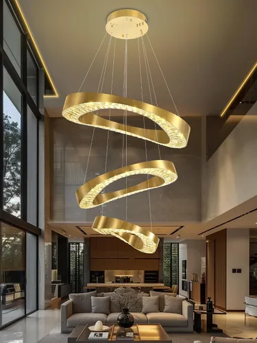 Vista 9 de Flashing God Lámpara de Araña Grande para Techo Alto, Lámpara de Araña de Cristal Moderna de 5 Anillos para Entrada, Accesorios de Iluminación