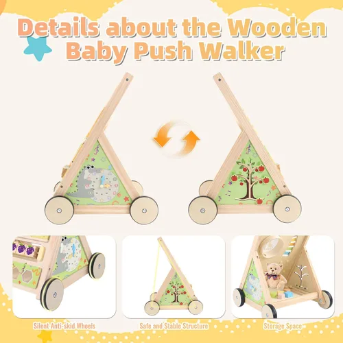 Vista 8 de Andador de madera para bebés con ruedas para niños y niñas de 6 a 12 meses