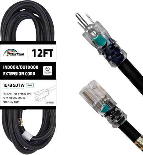 Vista 15 de Cable de Extensión HONDERSON con Extremo Iluminado, Certificado UL, Calibre 10, 1 Pie, Negro, 3 Puntas, Resistente, 10/3 SJTW, 15A, Cable de Energía