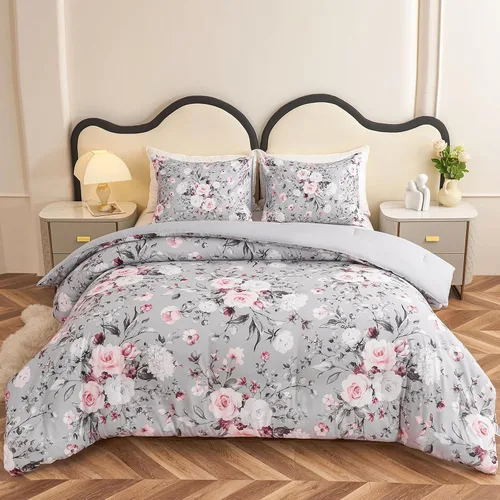 Vista 28 de Koniroom 6-Piece Pink Comforter Set Twin Size - Reversible Beige White Flower Bed in a Bag with Sheets, Pillowcases, Shams, and Decorative Pillow