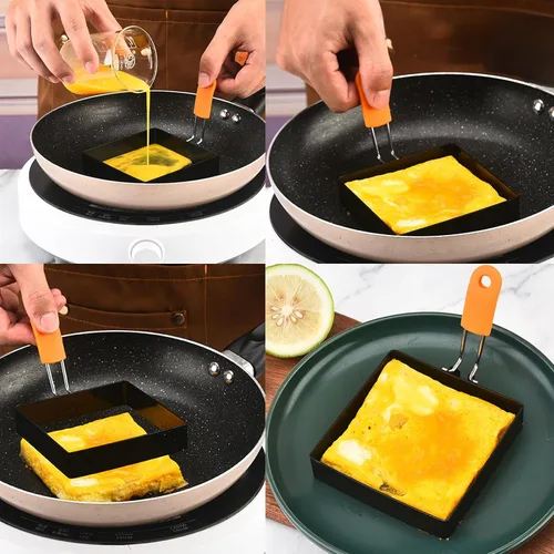 Vista 4 de Anillos de huevo Suqare de 4 pulgadas para freír huevos, 2 paquetes de anillos cuadrados de 4 pulgadas para plancha, anillos de tortilla de acero