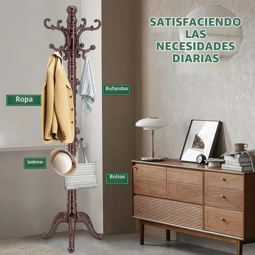 Vista 5 de OIRUMIE Perchero de pie de madera, perchero de madera vintage de pie con base triangular resistente, percheros clásicos con 14 ganchos, soporte