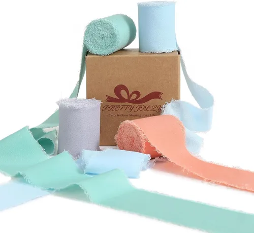 Vista 28 de Pretty Jolly Cinta de gasa beige para envolver regalos, 3 rollos de 2 pulgadas x 7 yardas, cinta de tela de seda hecha a mano con flecos para ramo