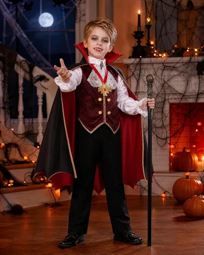 Vista 6 de Disfraz de vampiro para niños, disfraz gótico de Halloween con capa y dientes, collar de bastón, accesorios de vampiro