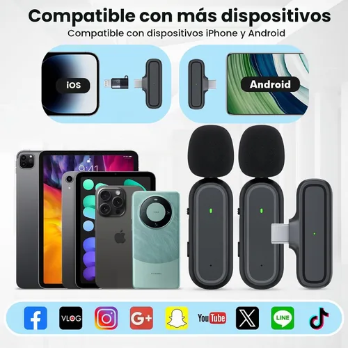 Vista 7 de Paquete de 2 micrófonos inalámbricos Lavalier para iPhone y Android, micrófono con clip de reducción de ruido Plug and Play con funda de carga