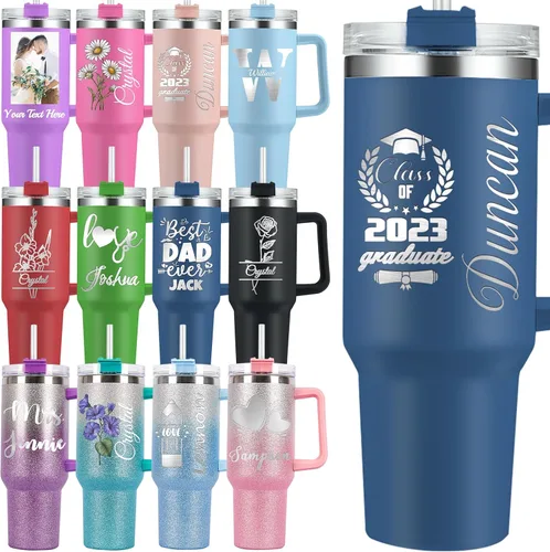 Vista 16 de Vaso personalizado con asa personalizado de 40 onzas grabado con nombre de flor de nacimiento con tapa y pajita, taza de café de viaje de acero