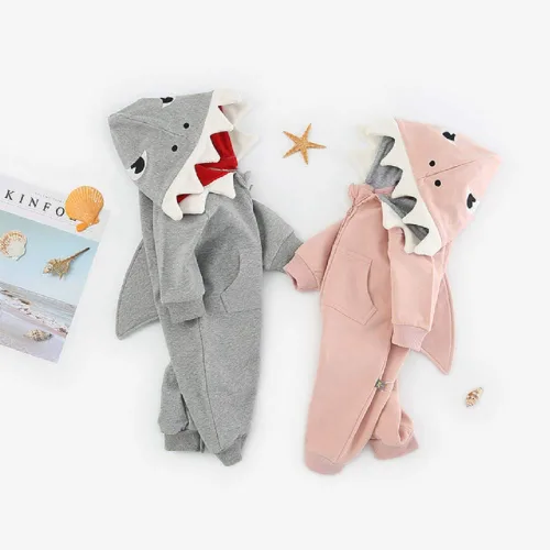 Vista 6 de ALLAIBB Disfraz de tiburón para bebé, mameluco de algodón con dibujos animados 3D, lindo overol con capucha para bebés, niños y niñas, 3-24 meses