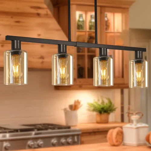 Vista 12 de Iluminación de isla de cocina de 4 luces, lámpara cromada para comedor, luz de isla para colgar sobre la mesa para candelabros lineales de granja
