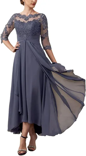 Vista 6 de Vestido formal de gasa con media manga para madre de la novia, vestido formal de encaje fruncido, vestido de fiesta de noche para boda, RO23