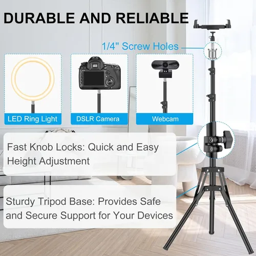 Vista 4 de Soporte de trípode para iPad, trípode ajustable de altura de 63 pulgadas para tableta, rotación de 360°, soporte para iPad mini/Air/Pro, teléfonos