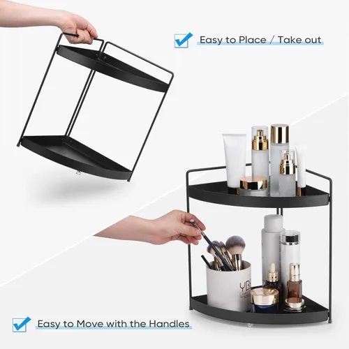 Vista 4 de Estante esquinero de 2 niveles para encimera de cocina, gabinete de baño, organizador de maquillaje, cosméticos, organización y almacenamiento Negro