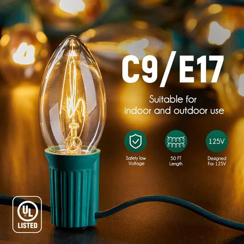Vista 4 de Cadena de luz C9 de 50 pies para espaciado E17-12, cadena de luz de Navidad para exteriores con 50 enchufes para patio, cable verde 12'' Spacing