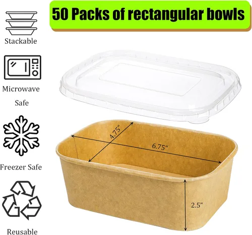 Vista 2 de Yesland Paquete de 50 cuencos rectangulares de papel kraft compostables, 25 onzas, aptos para microondas y congelador, reutilizables, perfectos