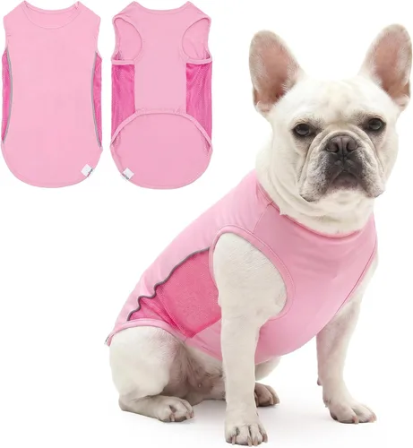 Vista 24 de Camiseta para perro con protección solar UPF 50+, paquete de 2 chalecos ligeros sin mangas para perros pequeños y niñas, tiras reflectantes, ropa