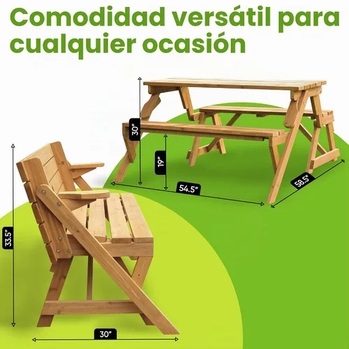 Vista 4 de Merry Garden Mesa de comedor de madera intercambiable para patio al aire libre, natural, blanco