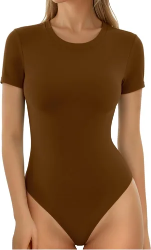 Vista 44 de MANGOPOP - Body de cuello redondo para mujer, manga corta y manga larga, camisetas ajustadas y básicas A1 Manga Corta Negro