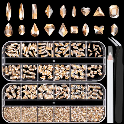 Vista 17 de Juego de 3440 piezas de cristales de vidrio transparente blanco y AB, en 6 tamaños con lápiz recogedor, pinzas para manicura con brillo iridiscente