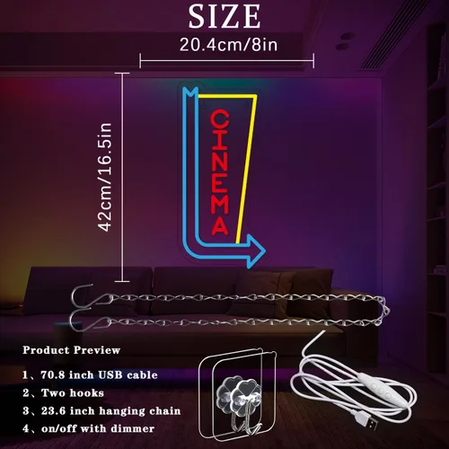 Vista 4 de Letrero de Neón de Cine Flecha de Luz de Neón para Decoración de Pared Luces de Neón LED para Cine Luces de Neón LED para Teatro en Casa Sala