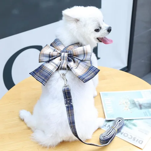 Vista 7 de Juego de arnés y correa para perro, lindo arnés a cuadros con pajarita para cachorro y gato, chaleco ajustable para gatitos para mascotas, arnés