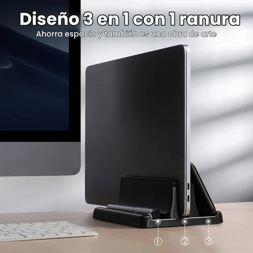 Vista 2 de Soporte vertical 3 en 1 para laptop, base ajustable de plástico ABS para computadora de escritorio, soporte vertical para laptop, ahorro de espacio