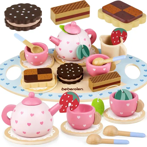 Vista 8 de Platos y platos de madera para niños, accesorios de cocina para niños pequeños de 1 a 3 años, juguetes de cocina, tazas de té para niños, regalo